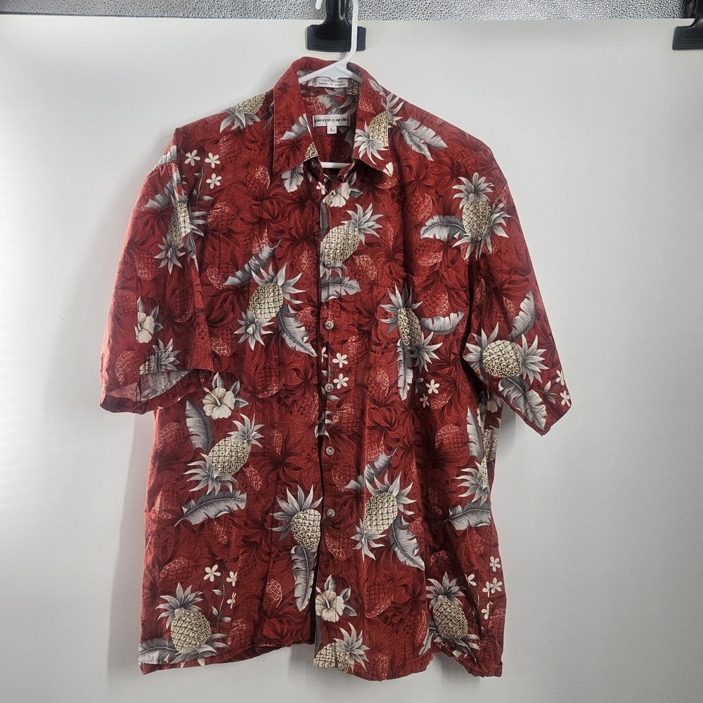 Vintage Pierre Cardin Men's 100% Cotton Floral Pineapple‎ Hawaiian Shirt L Red
